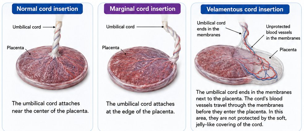 Teaching picture showing normal, marginal, and velamentous cord insertion.